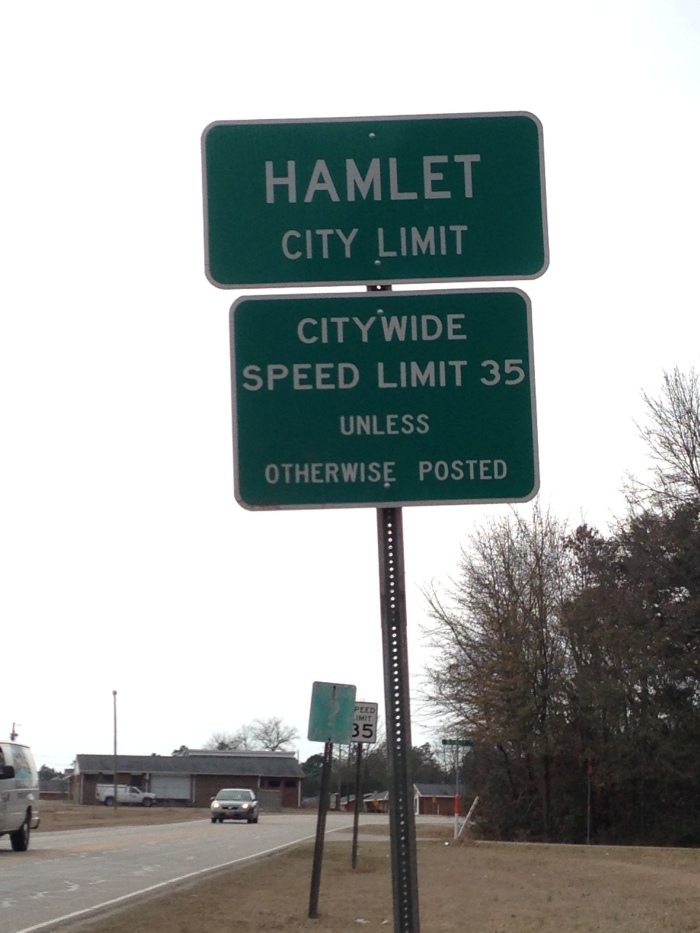 hamlet city limit sign